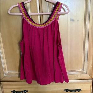 Tribal Pink Sleeveless Blouse with Colorful Crochet Trim